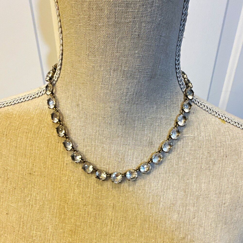 Y2K Banana Republic Statement Necklace Gold Tone Brass Clear Round Crystal 18 in